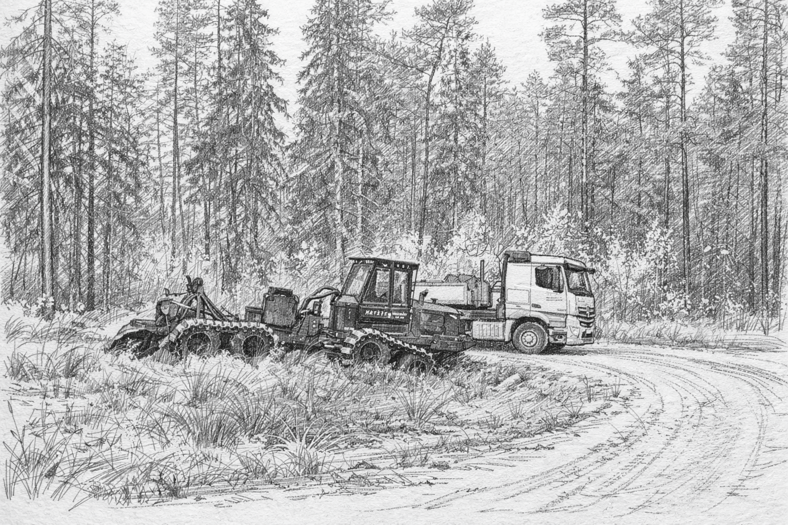 Maapinna ettevalmistuse traktor ja transportiv veoauto metsateel